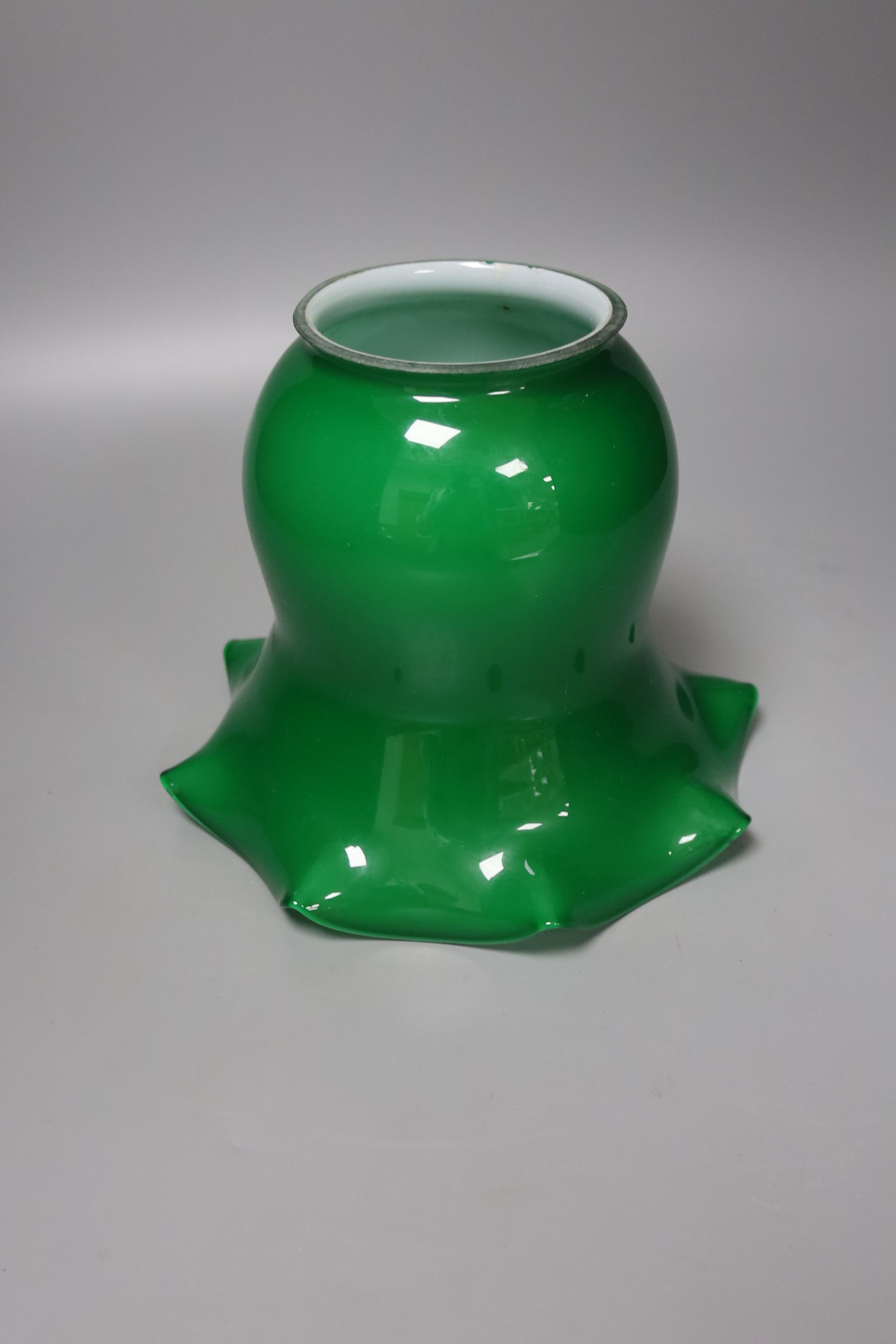 A brass green shade oil lamp and another oil lamp, 53cm